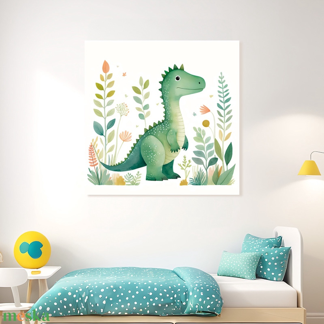 Aranyos zöld dinó illusztráció - vászonkép 40x40 cm - otthon & életmód - babaszoba, gyerekszoba - babaszoba kép - Meska.hu