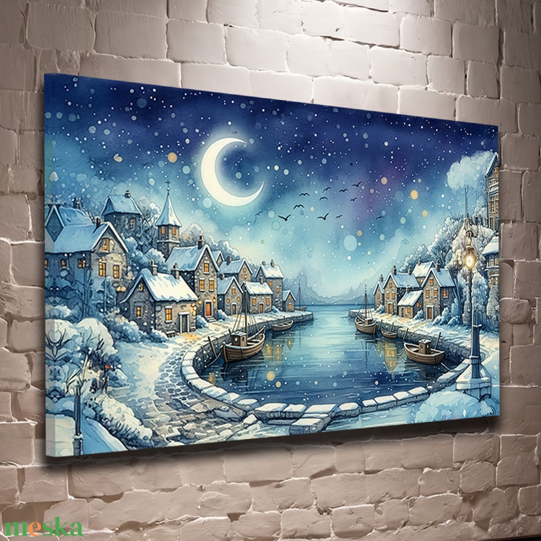 Téli holdfényes kikötő téli falikép - Vászonkép 60x40 cm - otthon & életmód - dekoráció - kép & falikép - vászonkép - Meska.hu