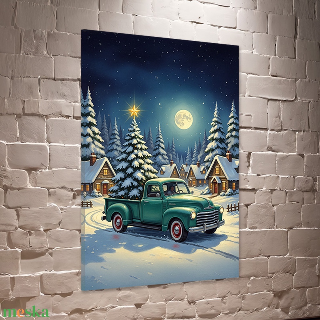 Zöld teherautó a téli éjszakában téli felikép - vászonkép 40x60 cm - otthon & életmód - dekoráció - kép & falikép - vászonkép - Meska.hu