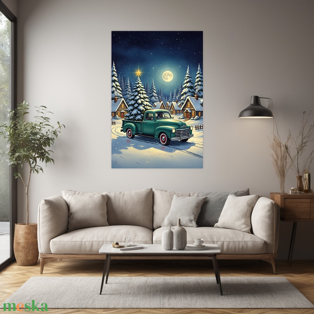 Zöld teherautó a téli éjszakában téli felikép - vászonkép 40x60 cm - otthon & életmód - dekoráció - kép & falikép - vászonkép - Meska.hu