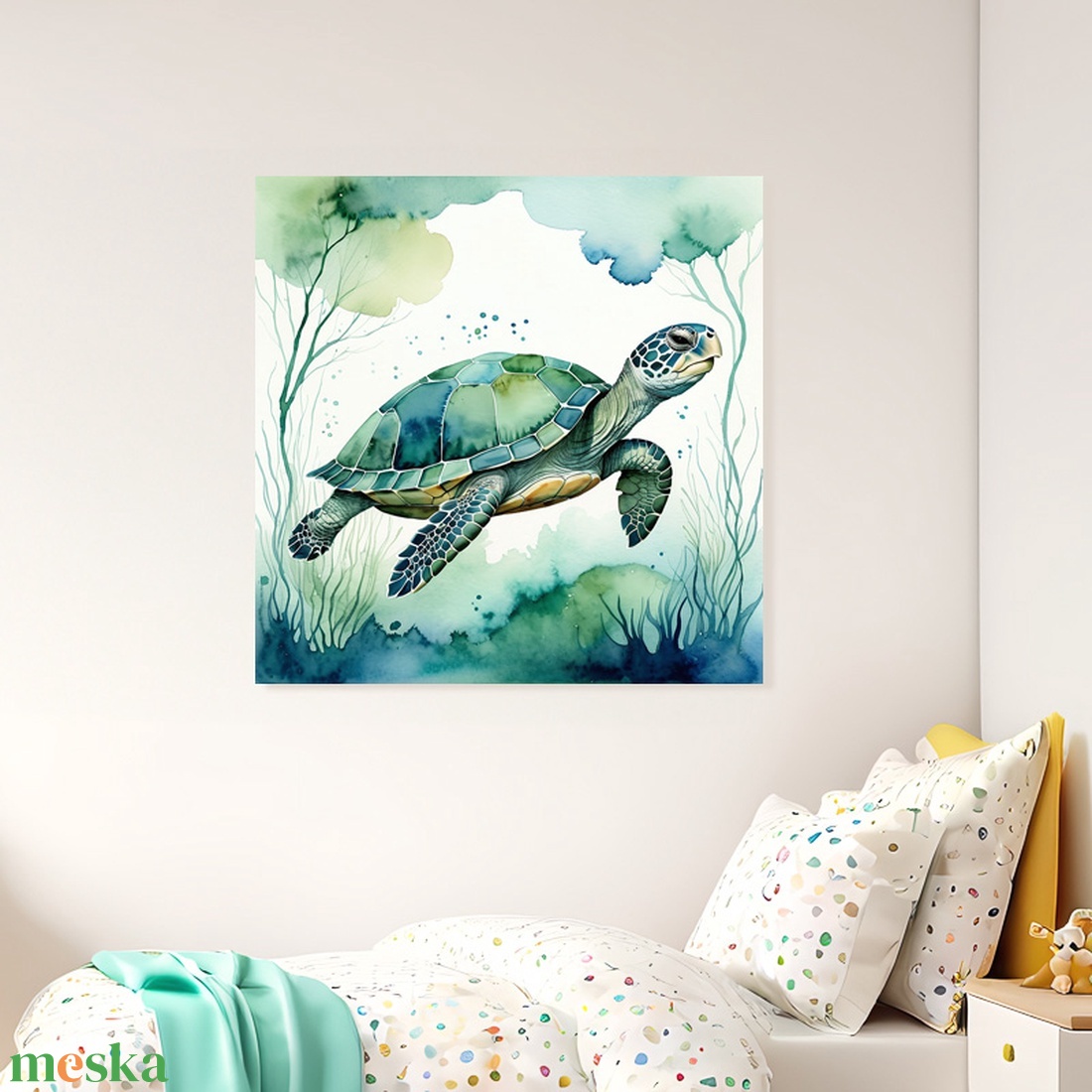 Teknős a vízben illusztráció 2 - vászonkép 40x40 cm - baba - mama - babaszoba dekoráció - babaszoba kép - Meska.hu