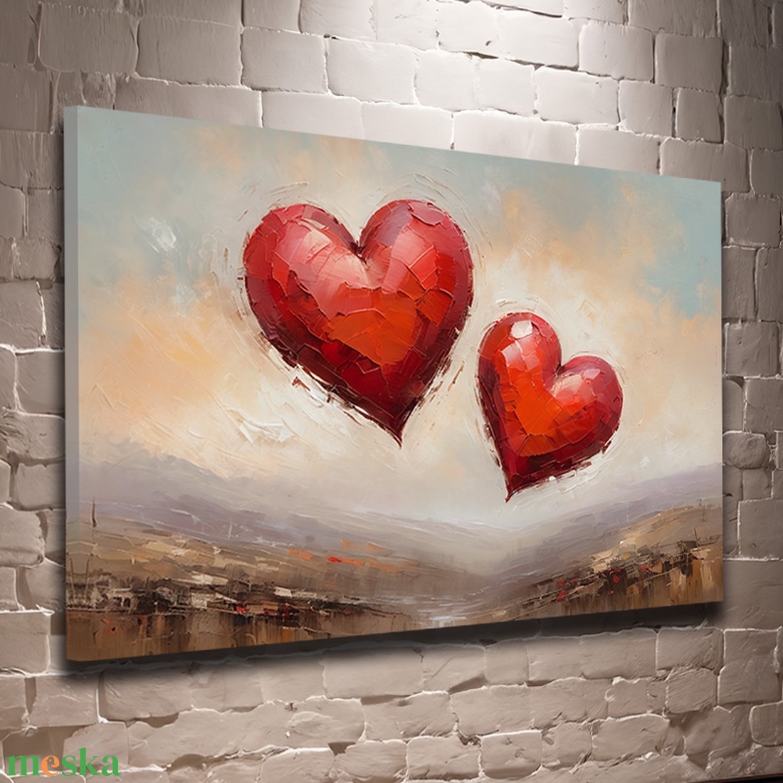 Két lebegő szív festménye - Vászonkép 60x40 cm - Valentin napi akció! - művészet - grafika & illusztráció - művészi nyomat - Meska.hu
