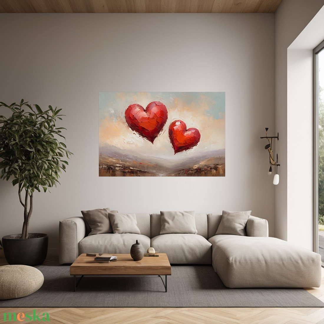 Két lebegő szív festménye - Vászonkép 60x40 cm - Valentin napi akció! - művészet - grafika & illusztráció - művészi nyomat - Meska.hu