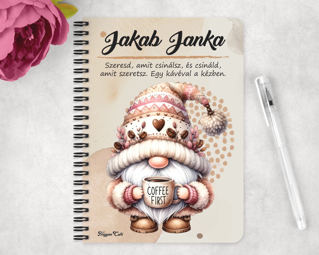 Személyre szabható kávés manó - Előbb a kávét mintás A5-ös füzet - otthon & életmód - papír, írószer - jegyzetfüzet & napló - Meska.hu