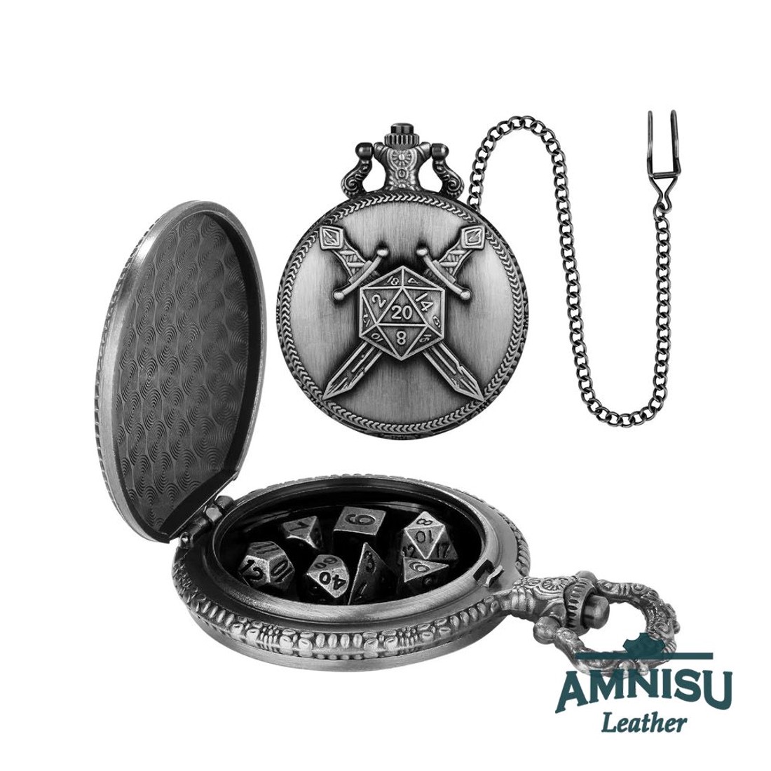 Ezüst d20 karddal mini fém kockaszett zsebóra tokban - játék & sport - szerepjáték - Meska.hu