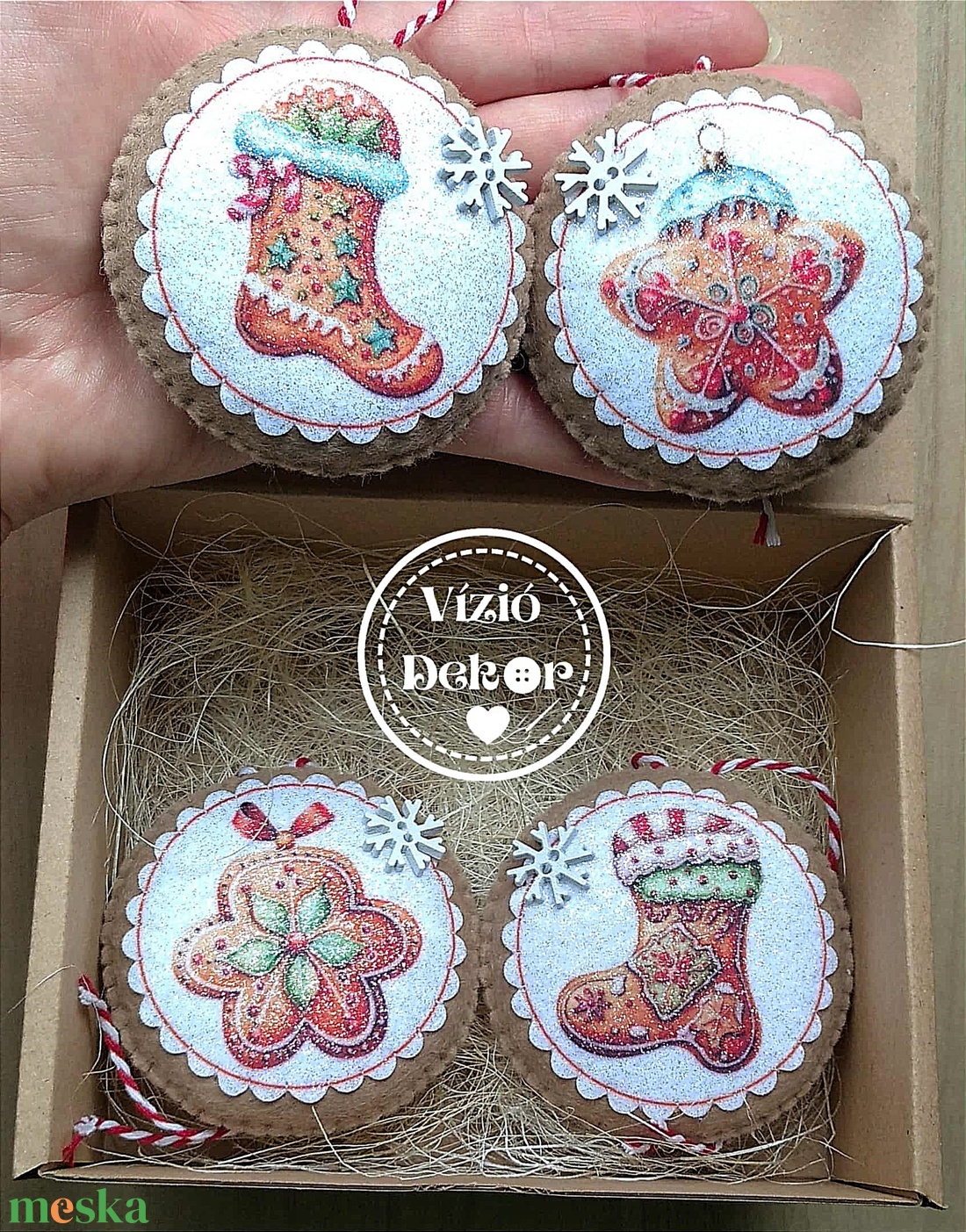 Vegyes karácsonyi, mézeskalács mintás filc dísz  csomag 4 részes - karácsony - karácsonyi lakásdekoráció - karácsonyfadíszek - Meska.hu