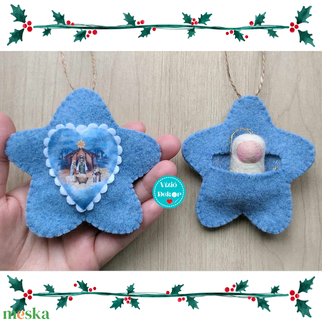 Tűnemezelt Jézus gyapjúfilc csillagban - karácsony - karácsonyi lakásdekoráció - karácsonyfadíszek - Meska.hu