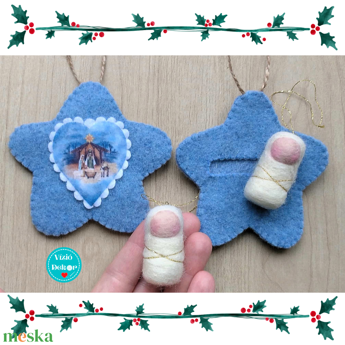 Tűnemezelt Jézus gyapjúfilc csillagban - karácsony - karácsonyi lakásdekoráció - karácsonyfadíszek - Meska.hu