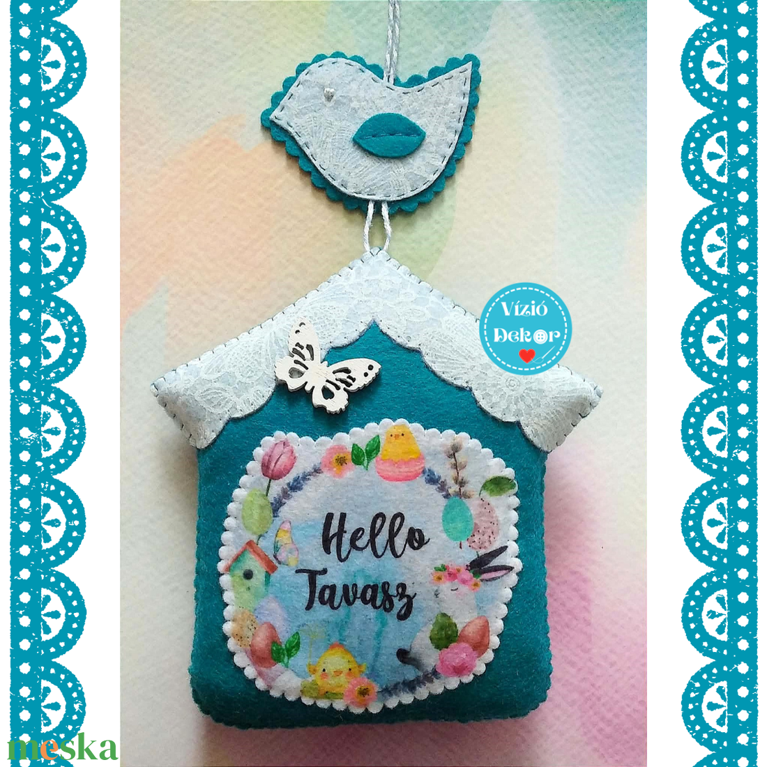 Filc Hello tavasz házikó dísz - otthon & életmód - dekoráció - ajtó- és ablak dekoráció - ajtódísz & kopogtató - Meska.hu