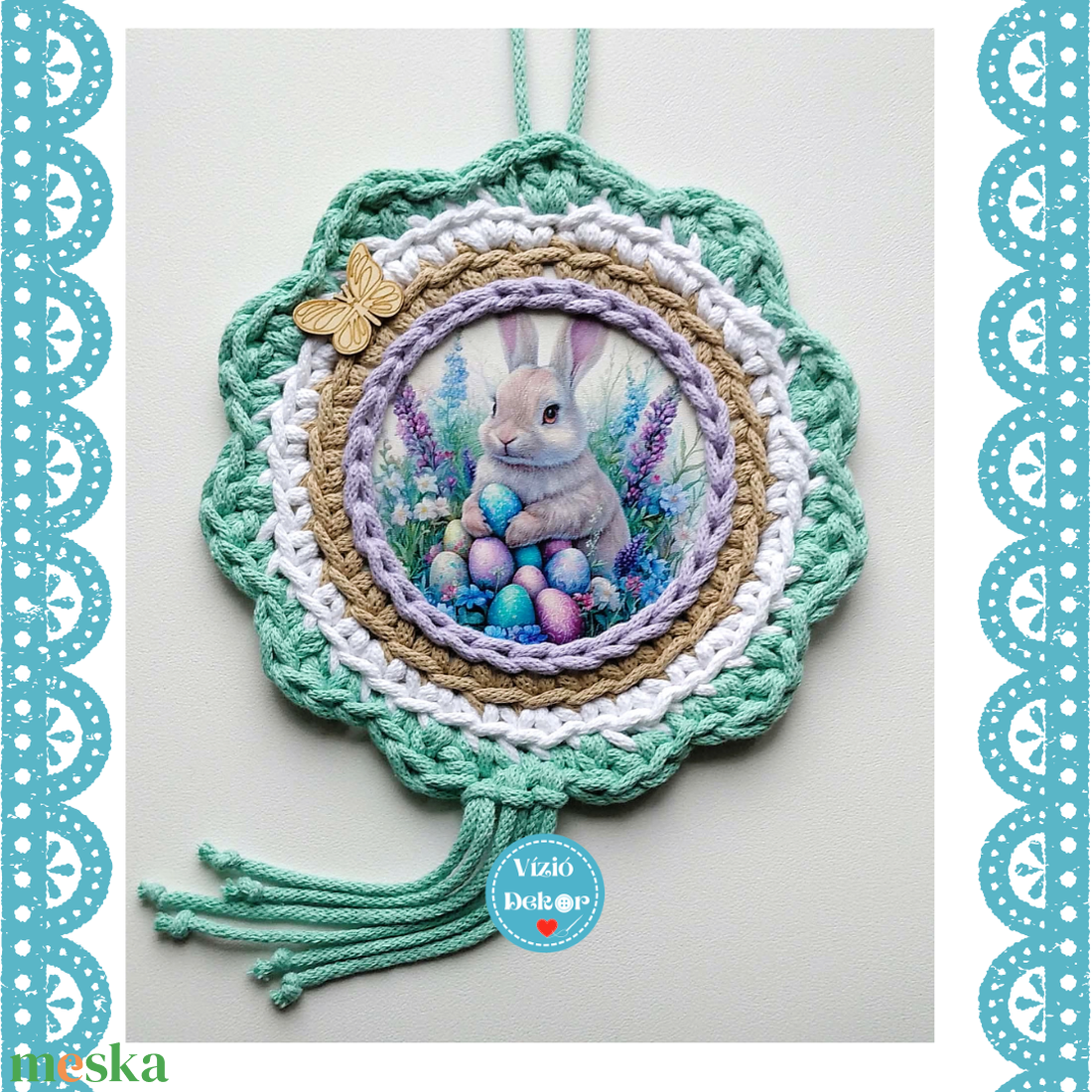 Horgolt  virág szegélyű húsvéti nyuszis tábla - otthon & életmód - dekoráció - fali és függő dekoráció - függődísz - Meska.hu