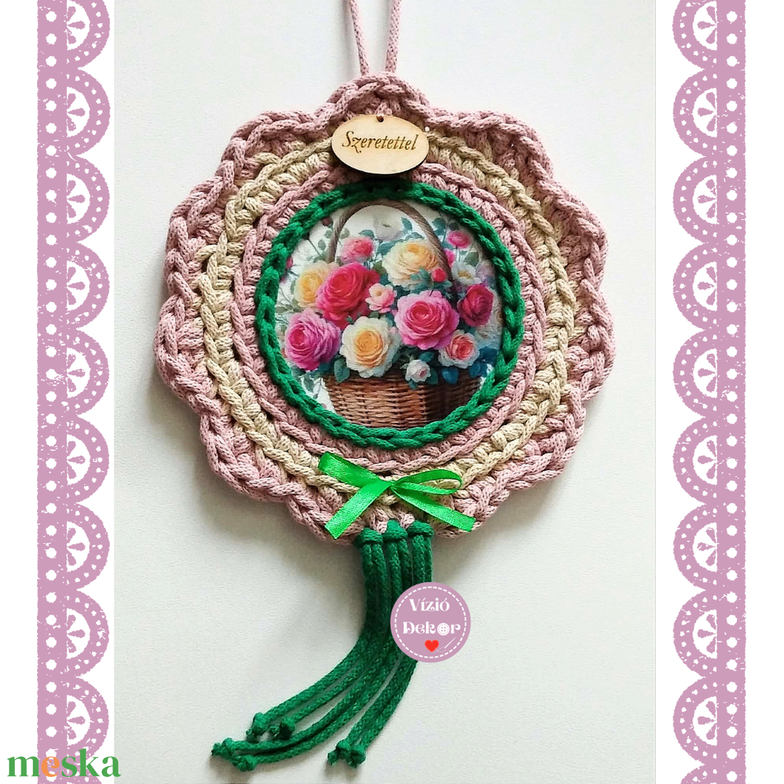 Horgolt  virágos szegélyű tulipános tábla  - otthon & életmód - dekoráció - fali és függő dekoráció - függődísz - Meska.hu