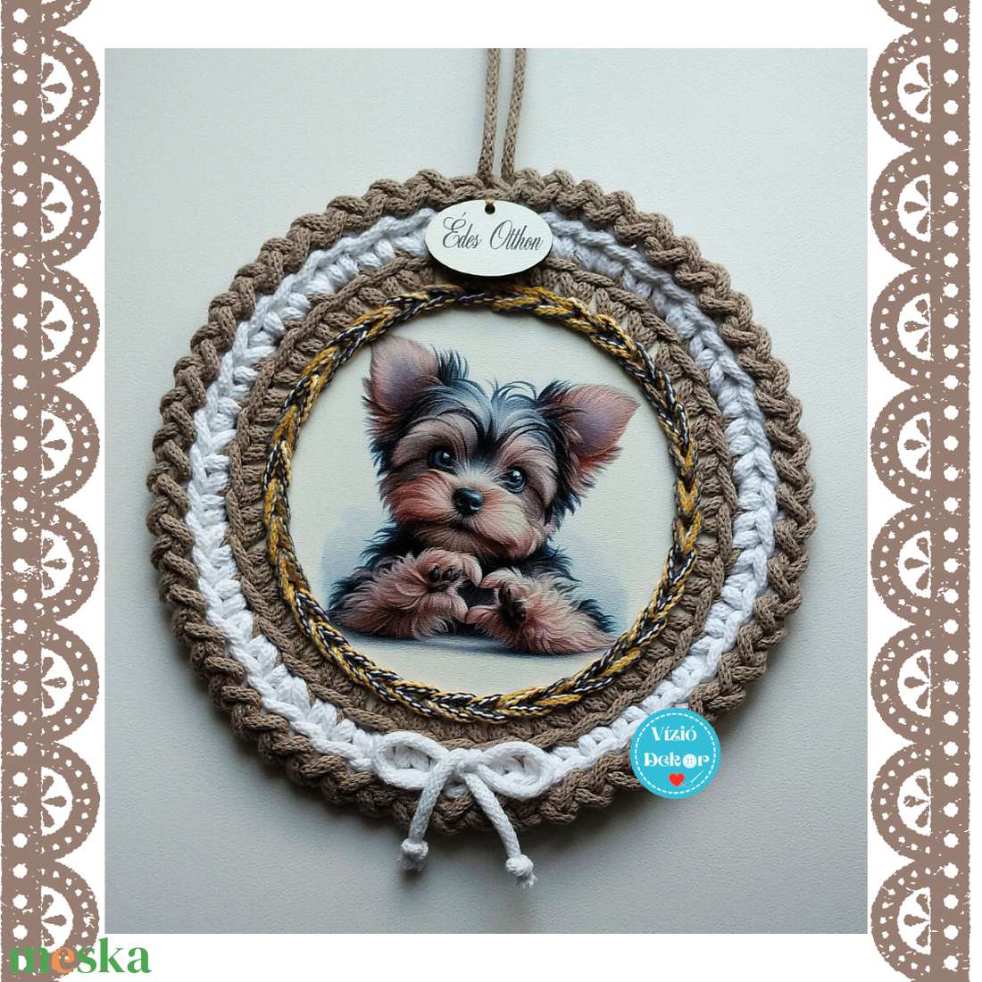 Horgolt yorki kutya tábladísz - otthon & életmód - dekoráció - fali és függő dekoráció - függődísz - Meska.hu