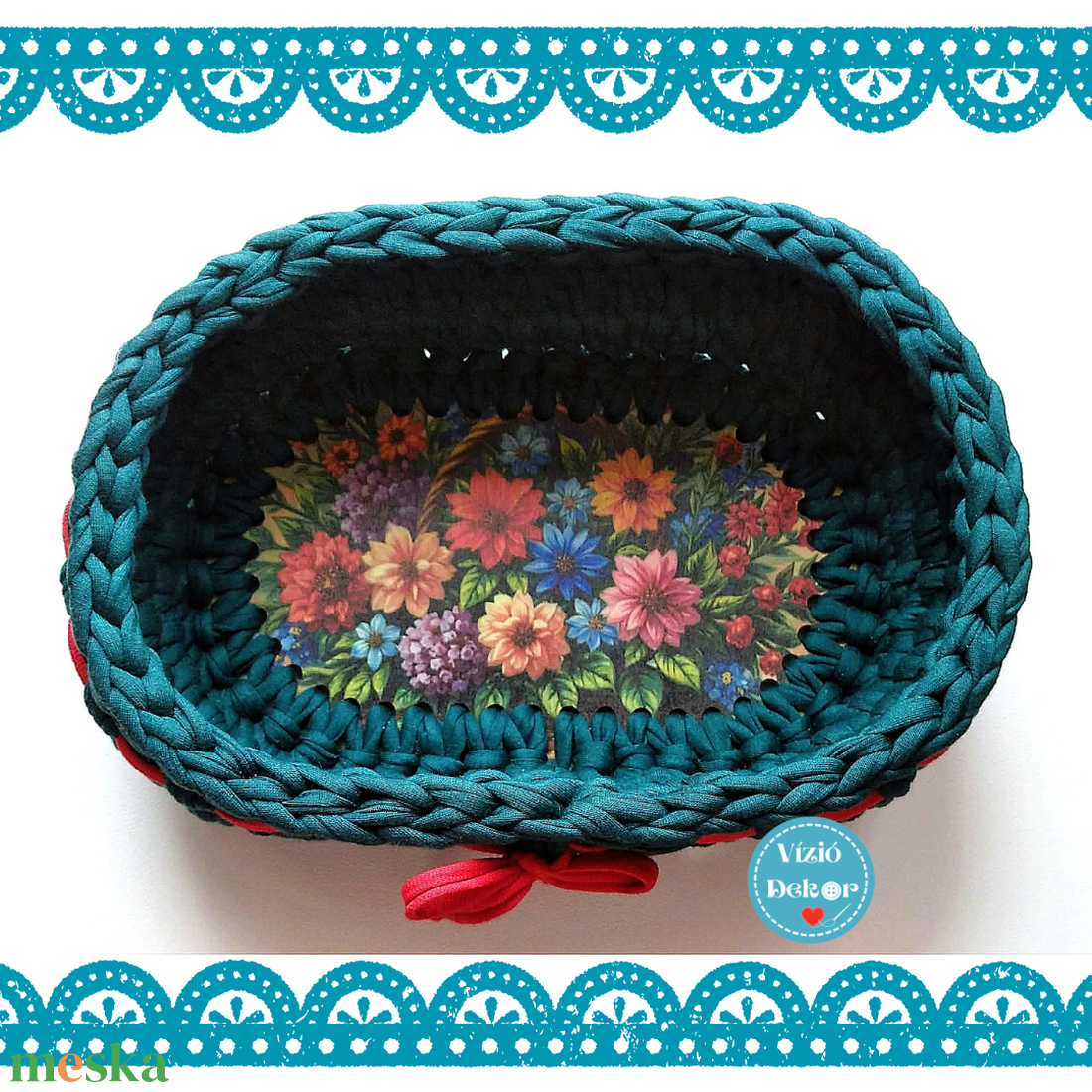Virágos horgolt tároló - otthon & életmód - dekoráció - asztal és polc dekoráció - dekorációs tál, tartó - Meska.hu