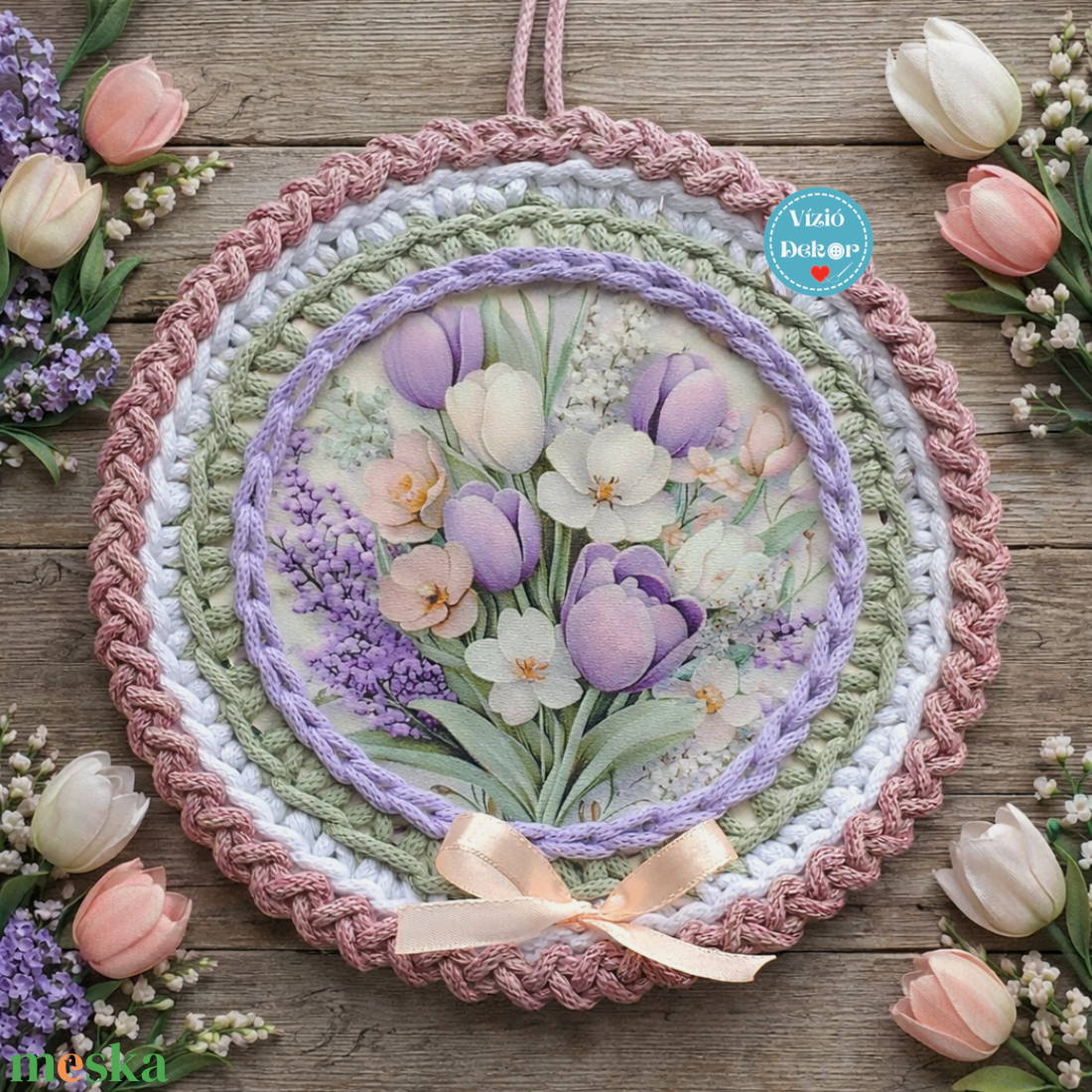 Horgolt  virágos , tulipános tábladísz - otthon & életmód - dekoráció - fali és függő dekoráció - függődísz - Meska.hu