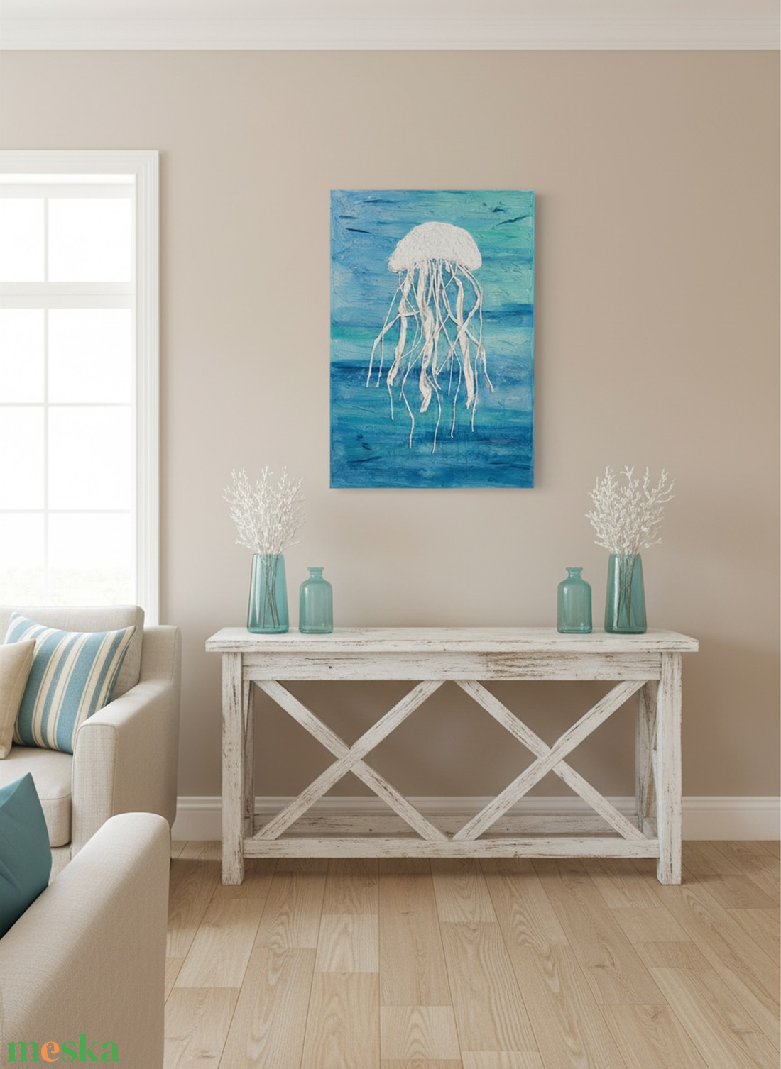 Texturalt meduza falikep kezmuves tengeri dekoracio 35x50 cm - művészet - festmény - festmény vegyes technika - Meska.hu