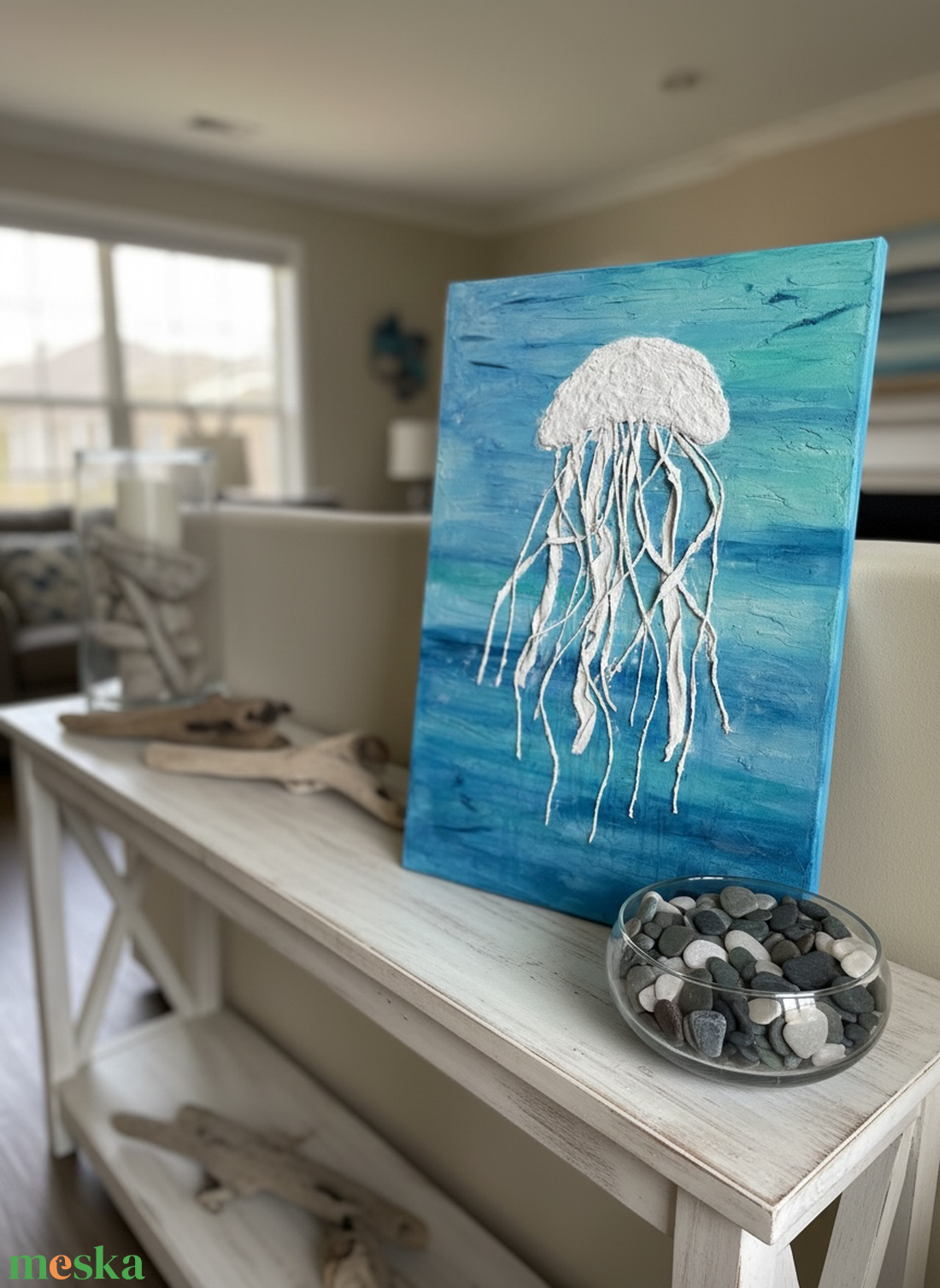 Texturalt meduza falikep kezmuves tengeri dekoracio 35x50 cm - művészet - festmény - festmény vegyes technika - Meska.hu