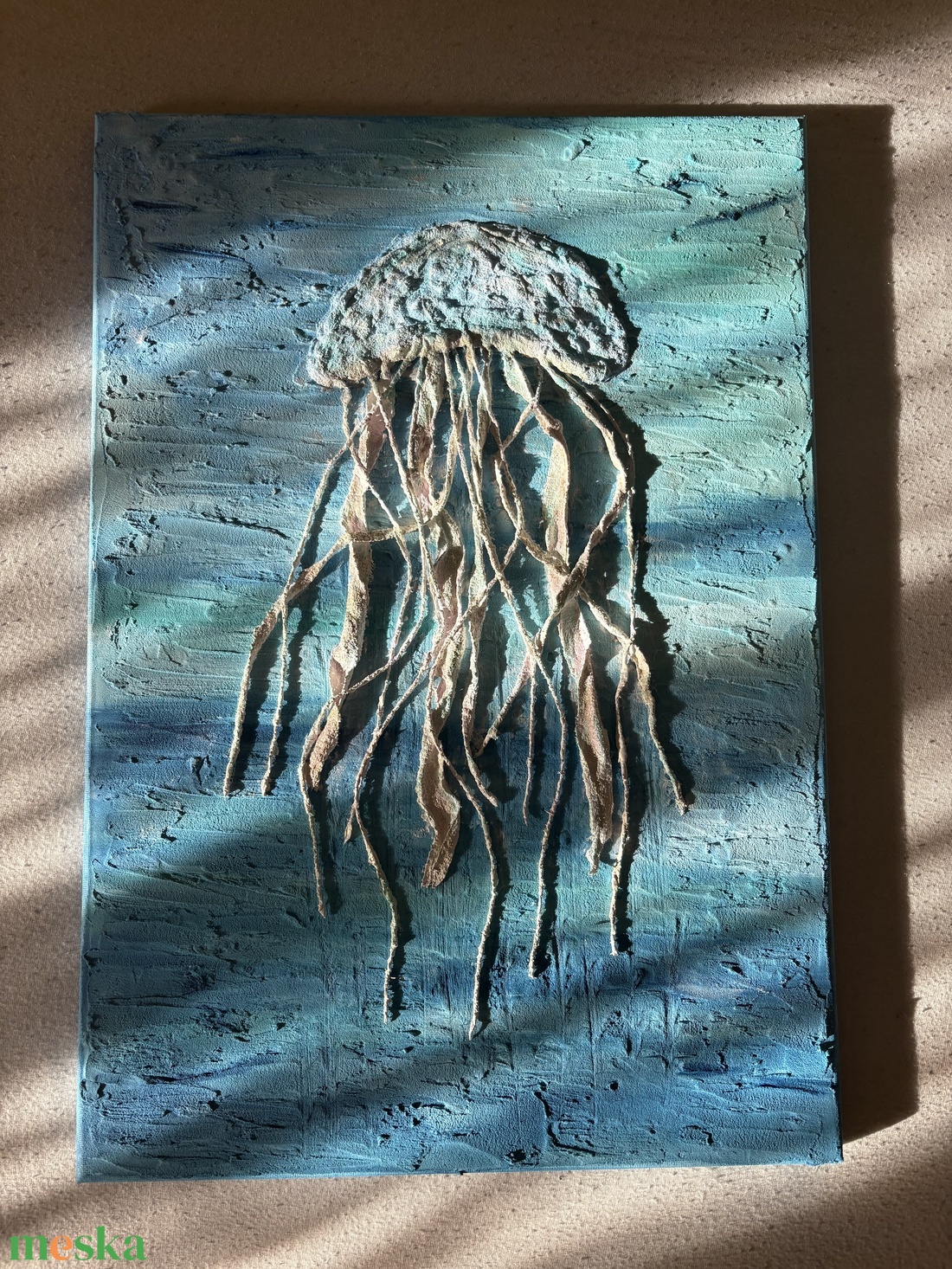 Texturalt meduza falikep kezmuves tengeri dekoracio 35x50 cm - művészet - festmény - festmény vegyes technika - Meska.hu
