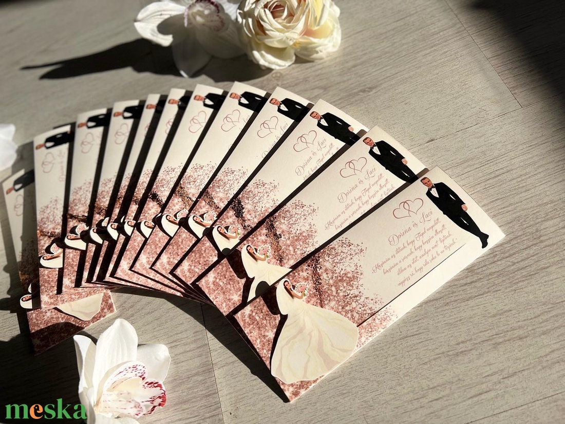 Rosegold flitteres kihúzható (puszis) esküvői meghívó - esküvő - meghívó & kártya - meghívó - Meska.hu