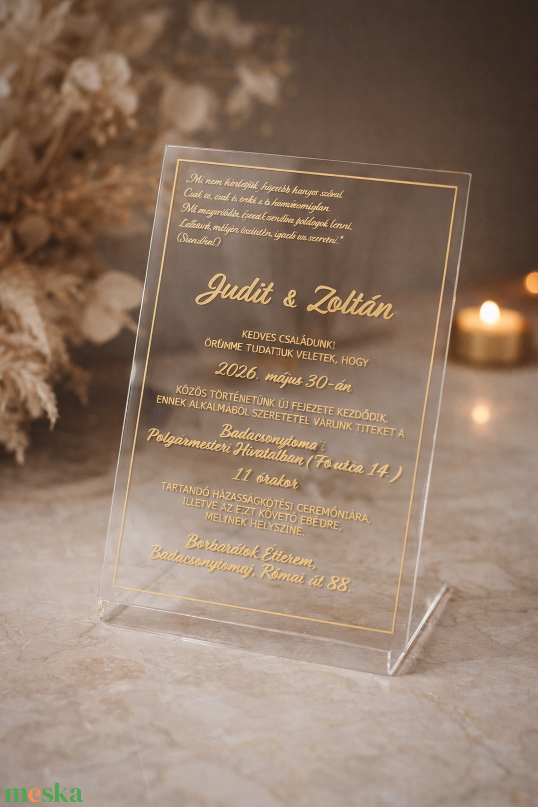 Modern plexi esküvői meghívó arany felirattal - esküvő - meghívó & kártya - meghívó - Meska.hu