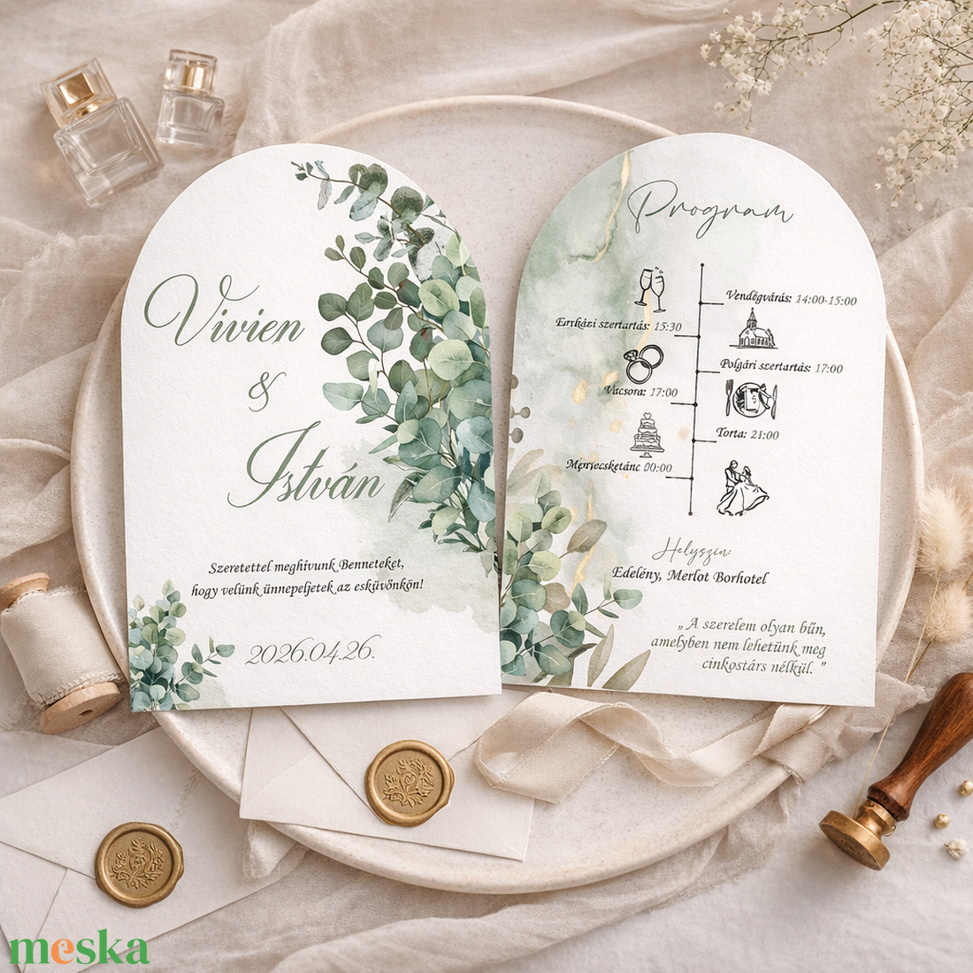 Arch , Boltíves, Íves esküvői meghívó - greenery eukaliptusz  - esküvő - meghívó & kártya - meghívó - Meska.hu