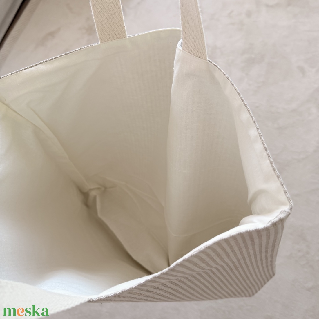 Bevásárlótáska, bélelt, nagy méretű - Bézs csíkos - táska & tok - bevásárlás & shopper táska - shopper, textiltáska, szatyor - Meska.hu