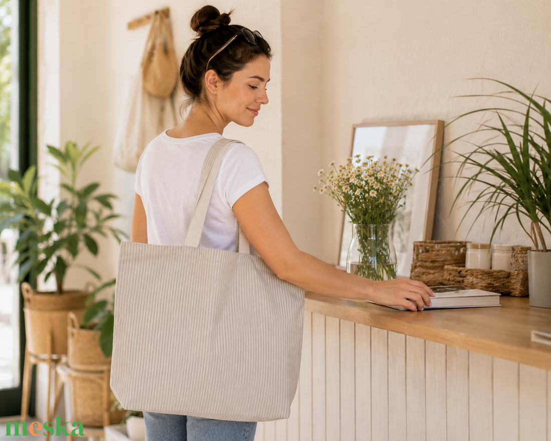 Bevásárlótáska, bélelt, nagy méretű - Bézs csíkos - táska & tok - bevásárlás & shopper táska - shopper, textiltáska, szatyor - Meska.hu