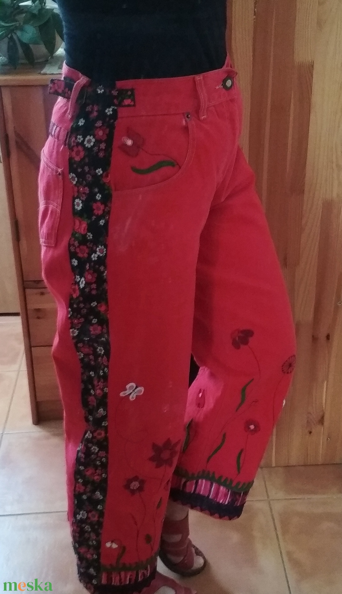 Virágos női farmer nadrág állítható derékbőséggel - ruha & divat - női ruha - nadrág - Meska.hu
