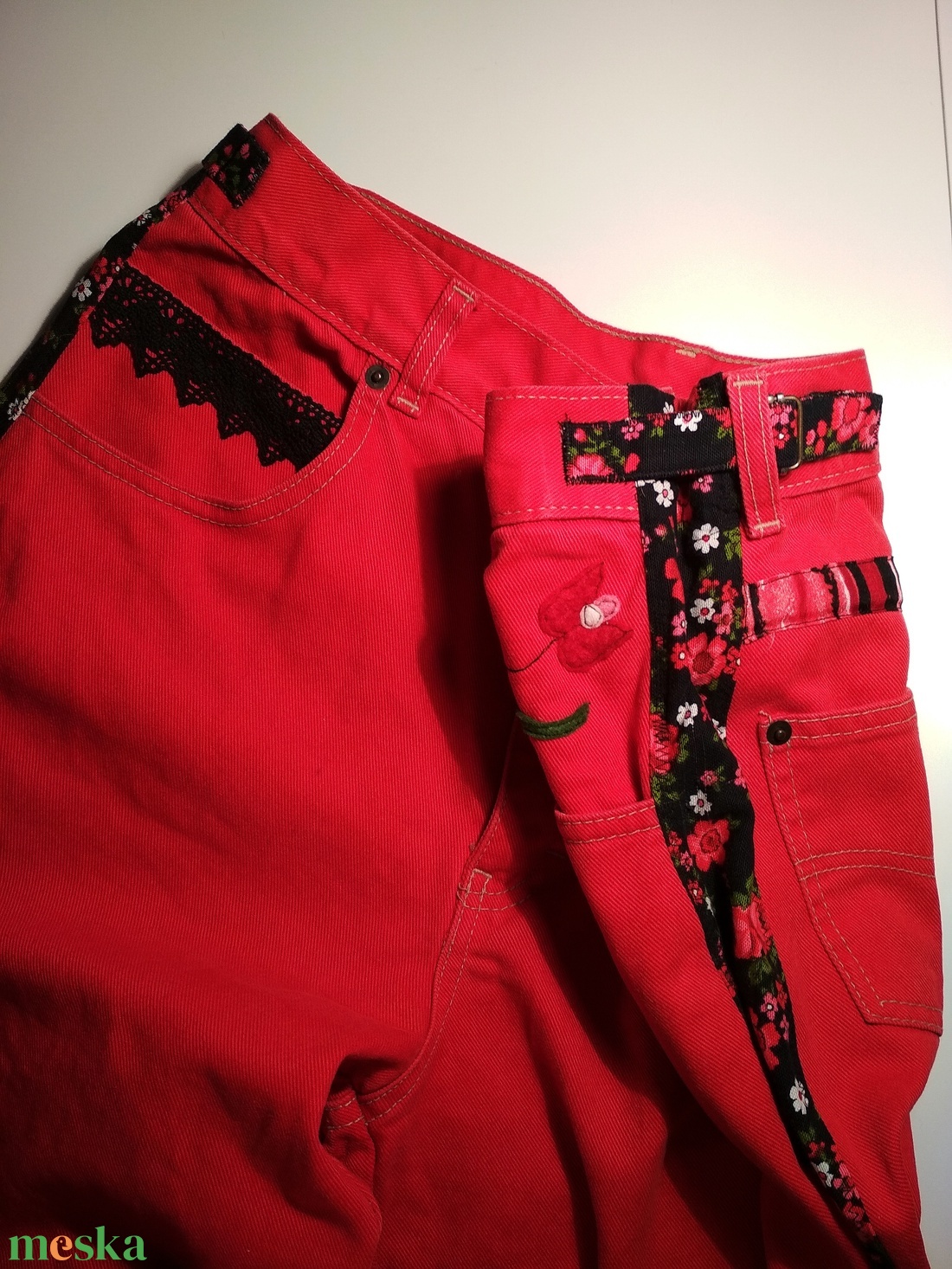 Virágos női farmer nadrág állítható derékbőséggel - ruha & divat - női ruha - nadrág - Meska.hu