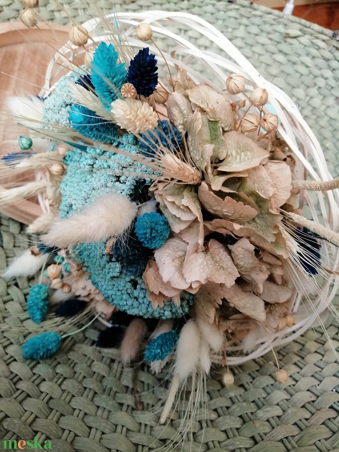 Fehér és türkiz szárazvirág csokor  - otthon & életmód - dekoráció - virágdísz és tartó - csokor & virágdísz - Meska.hu