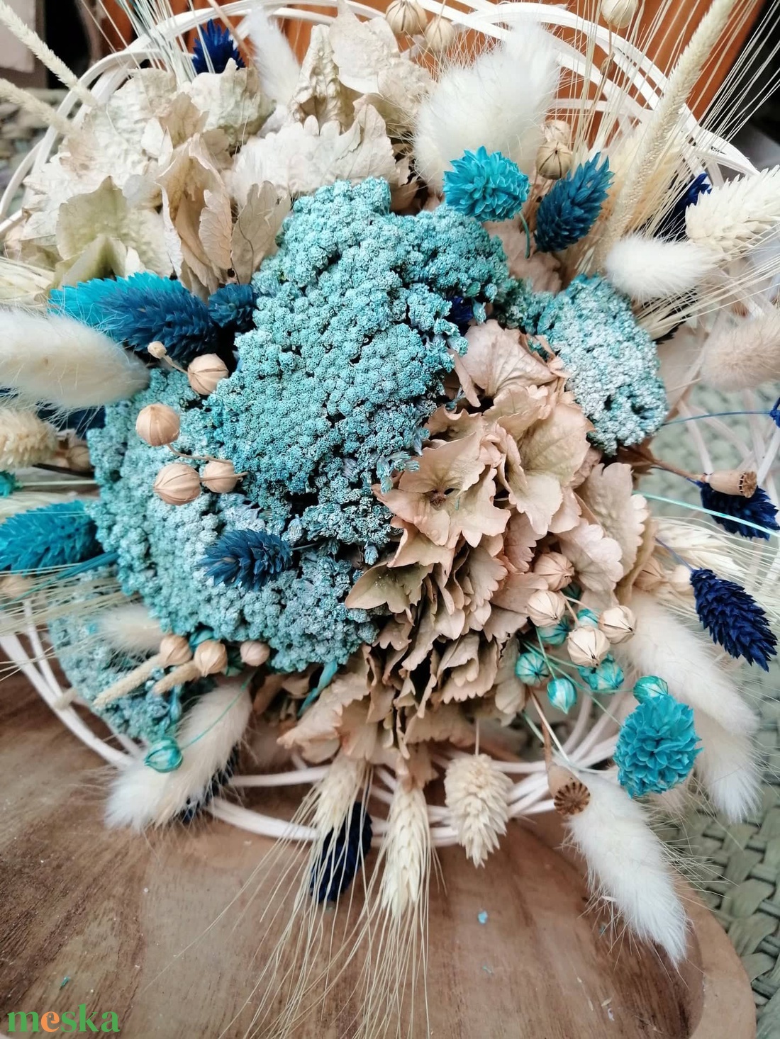Fehér és türkiz szárazvirág csokor  - otthon & életmód - dekoráció - virágdísz és tartó - csokor & virágdísz - Meska.hu