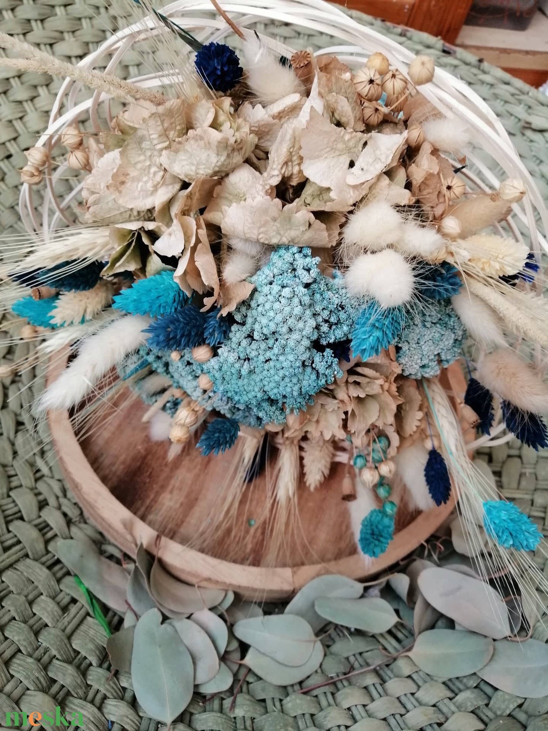 Fehér és türkiz szárazvirág csokor  - otthon & életmód - dekoráció - virágdísz és tartó - csokor & virágdísz - Meska.hu