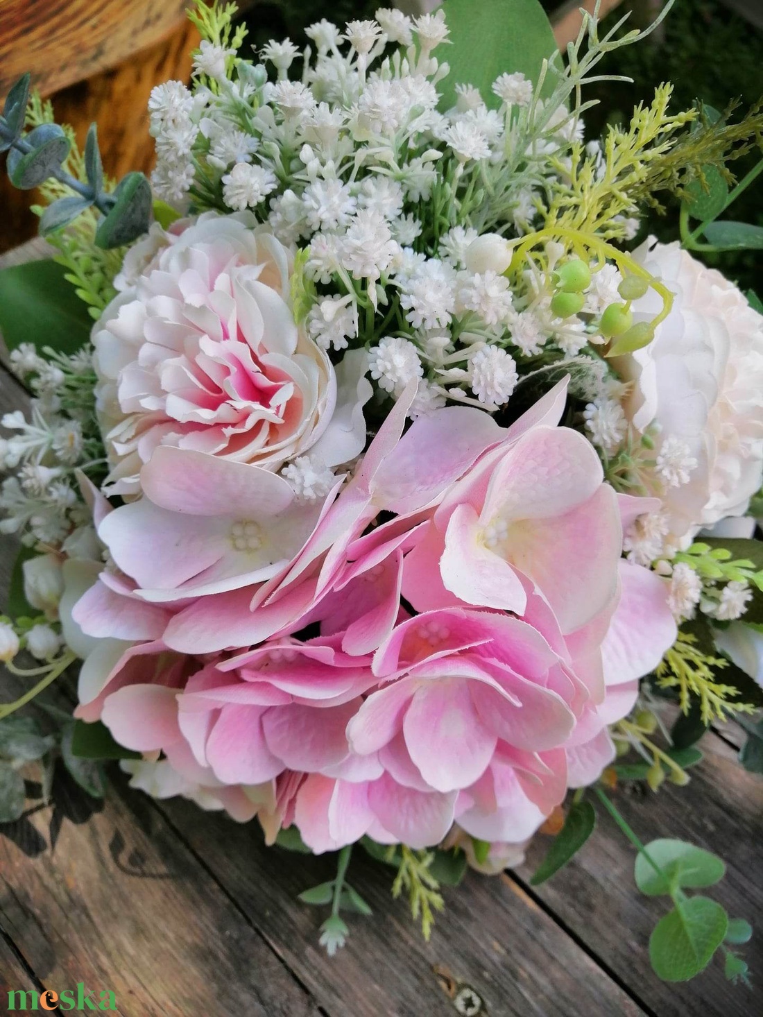 Rózsaszín hortenziás selyemvirág csokor - esküvő - menyasszonyi- és dobócsokor - Meska.hu