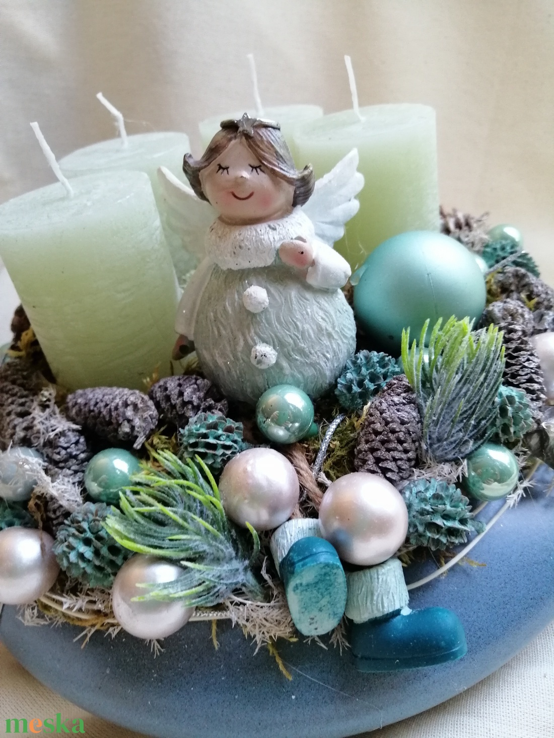 Adventi asztaldísz angyalkával - karácsony - adventi díszek - adventi koszorú - Meska.hu