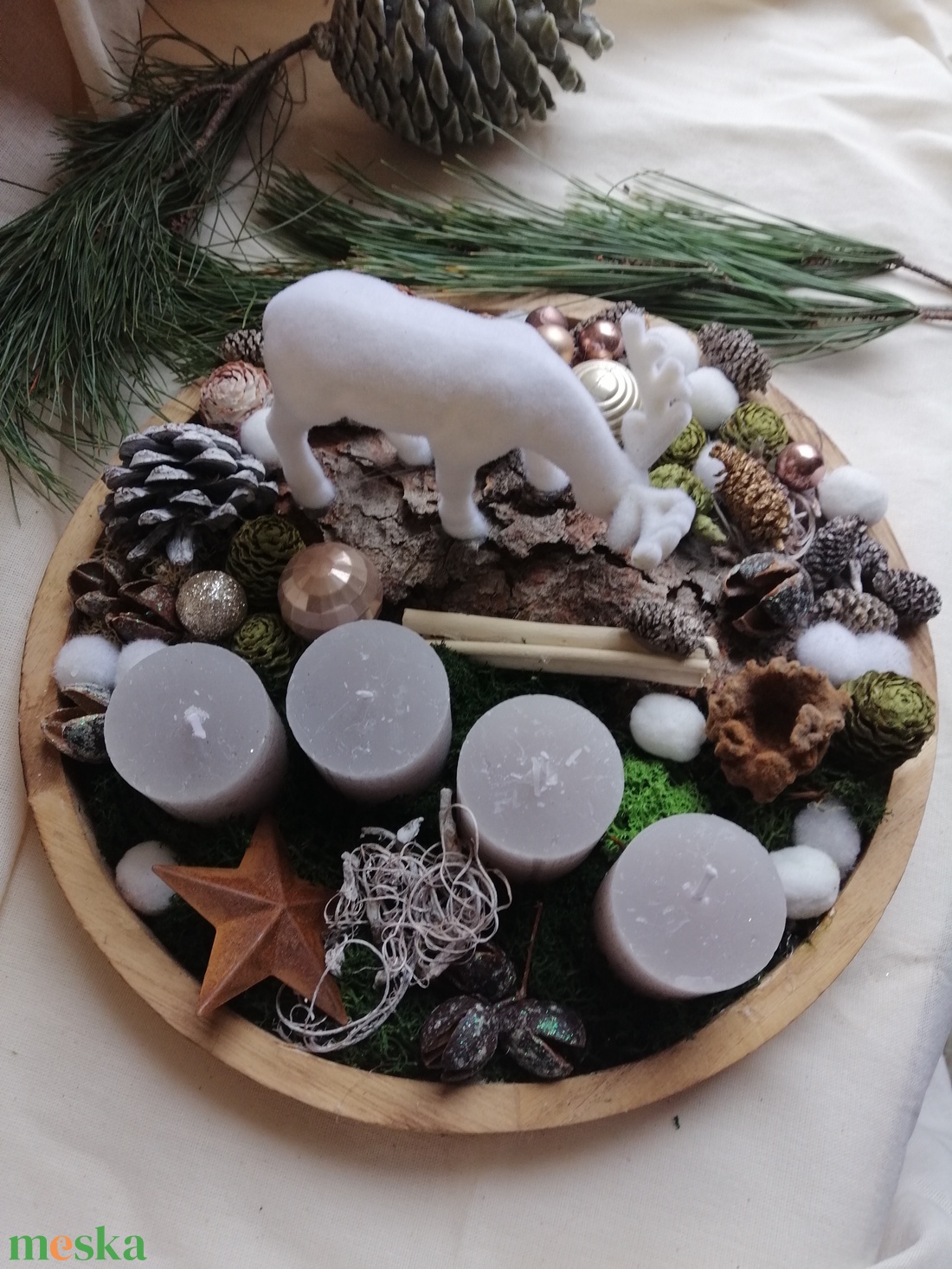 Adventi  gyertyás  dekoráció fa tálcán - karácsony - adventi díszek - adventi asztaldísz - Meska.hu