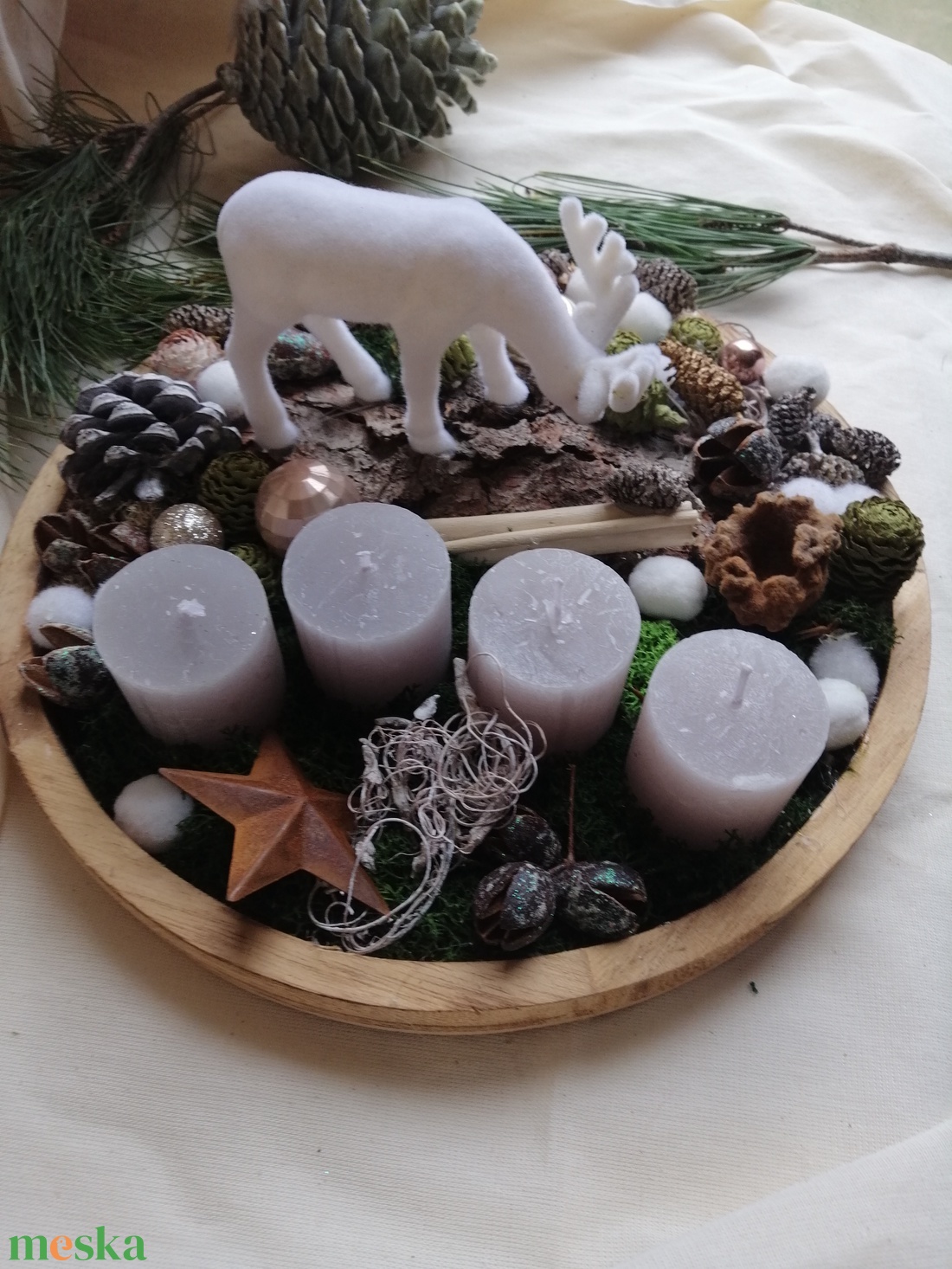 Adventi  gyertyás  dekoráció fa tálcán - karácsony - adventi díszek - adventi asztaldísz - Meska.hu