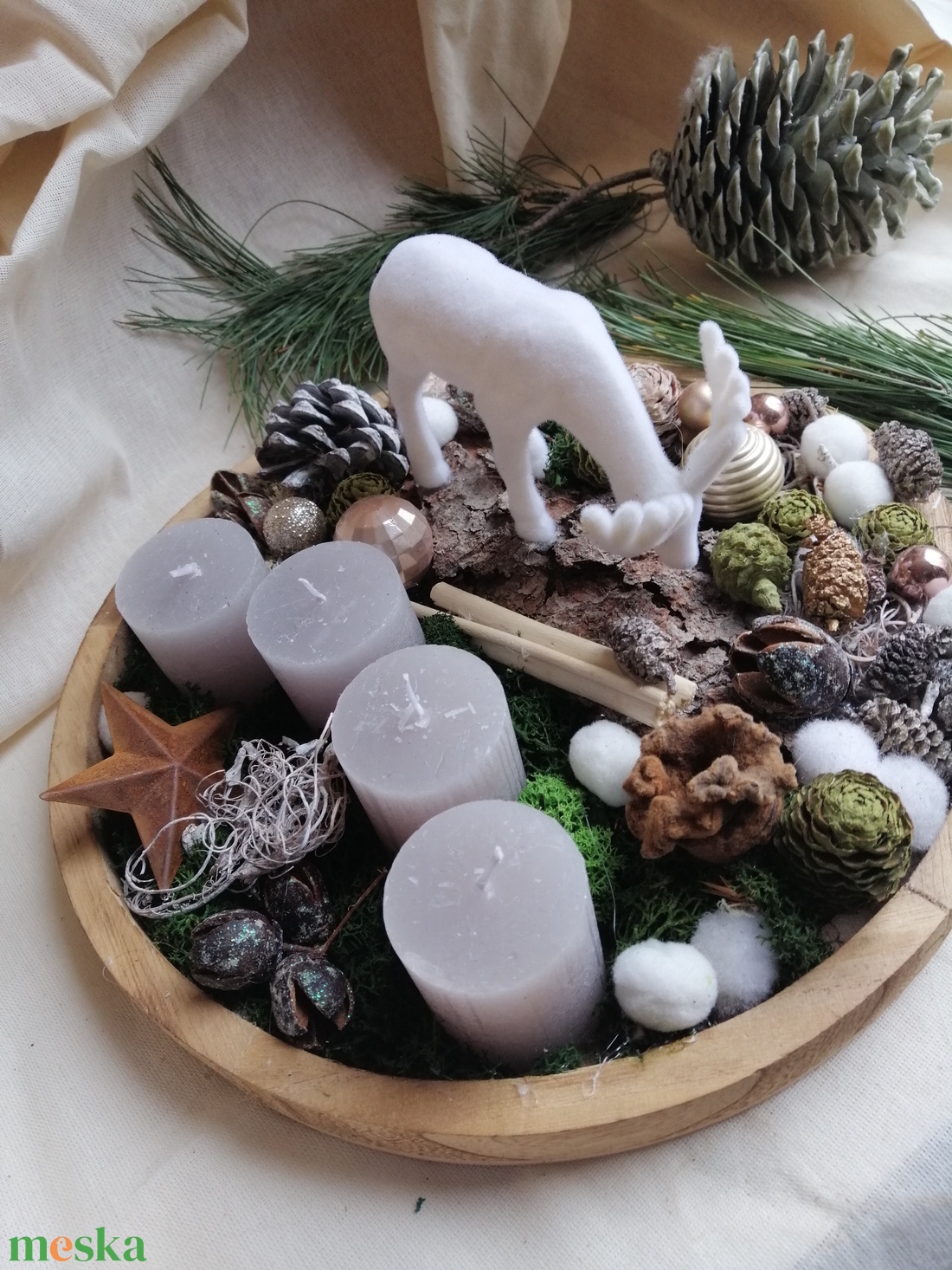 Adventi  gyertyás  dekoráció fa tálcán - karácsony - adventi díszek - adventi asztaldísz - Meska.hu