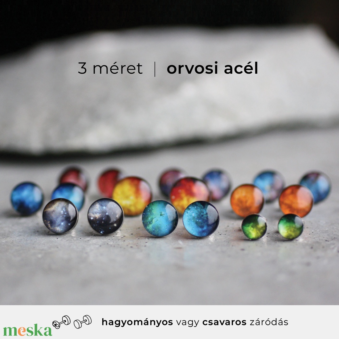 Színes világűr orvosi acél pötty fülbevalók (9 választási lehetőség) - ékszer - fülbevaló - pötty fülbevaló - Meska.hu