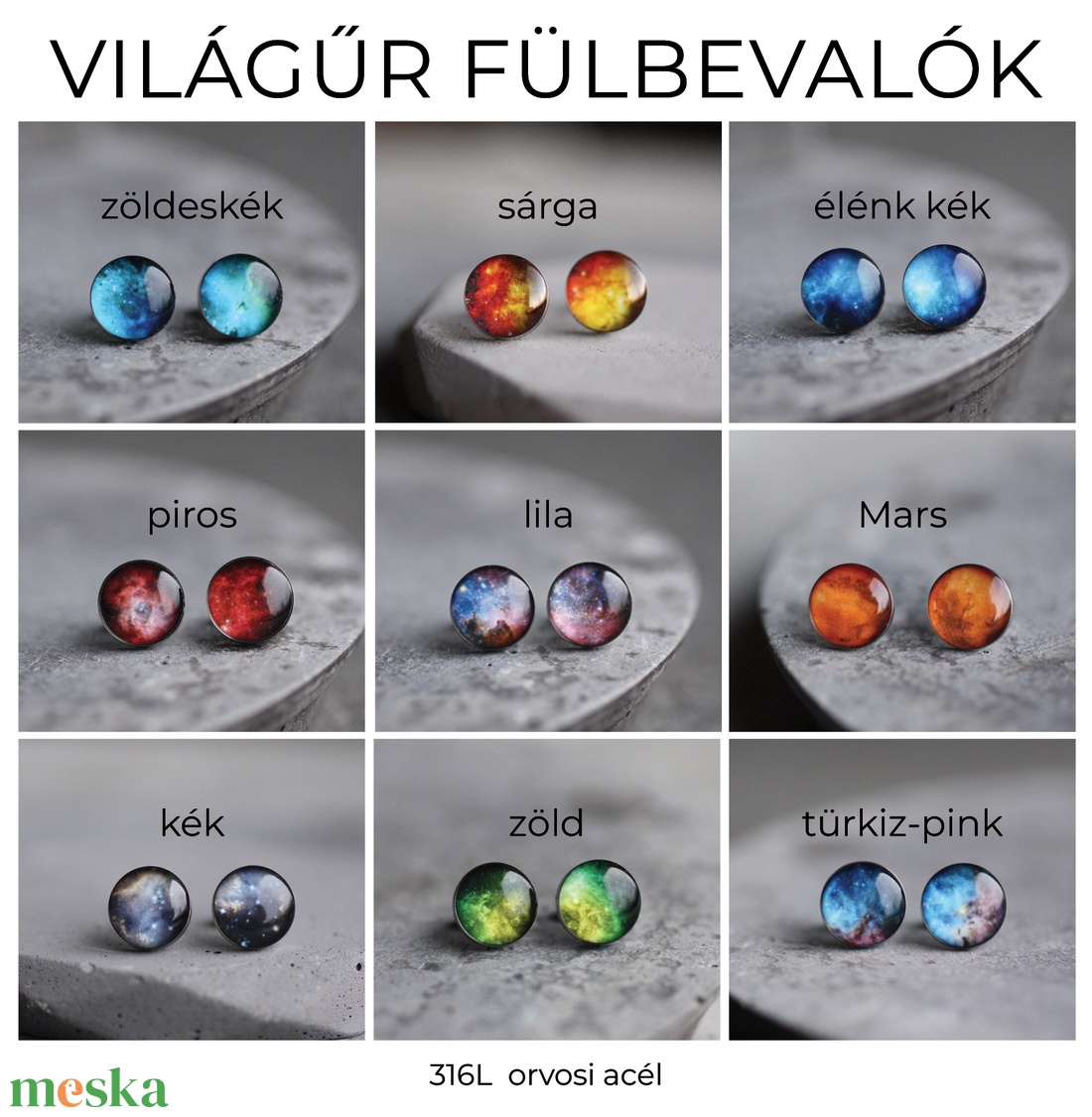 Színes világűr orvosi acél pötty fülbevalók (9 választási lehetőség) - ékszer - fülbevaló - pötty fülbevaló - Meska.hu