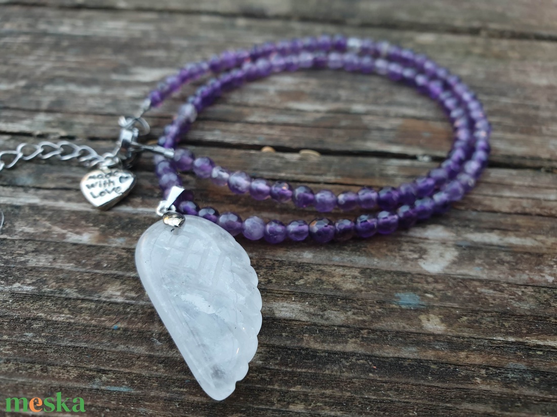 Ametiszt nyaklánc hegyikristály medállal  - ékszer - nyaklánc - gyöngyös nyaklánc - Meska.hu