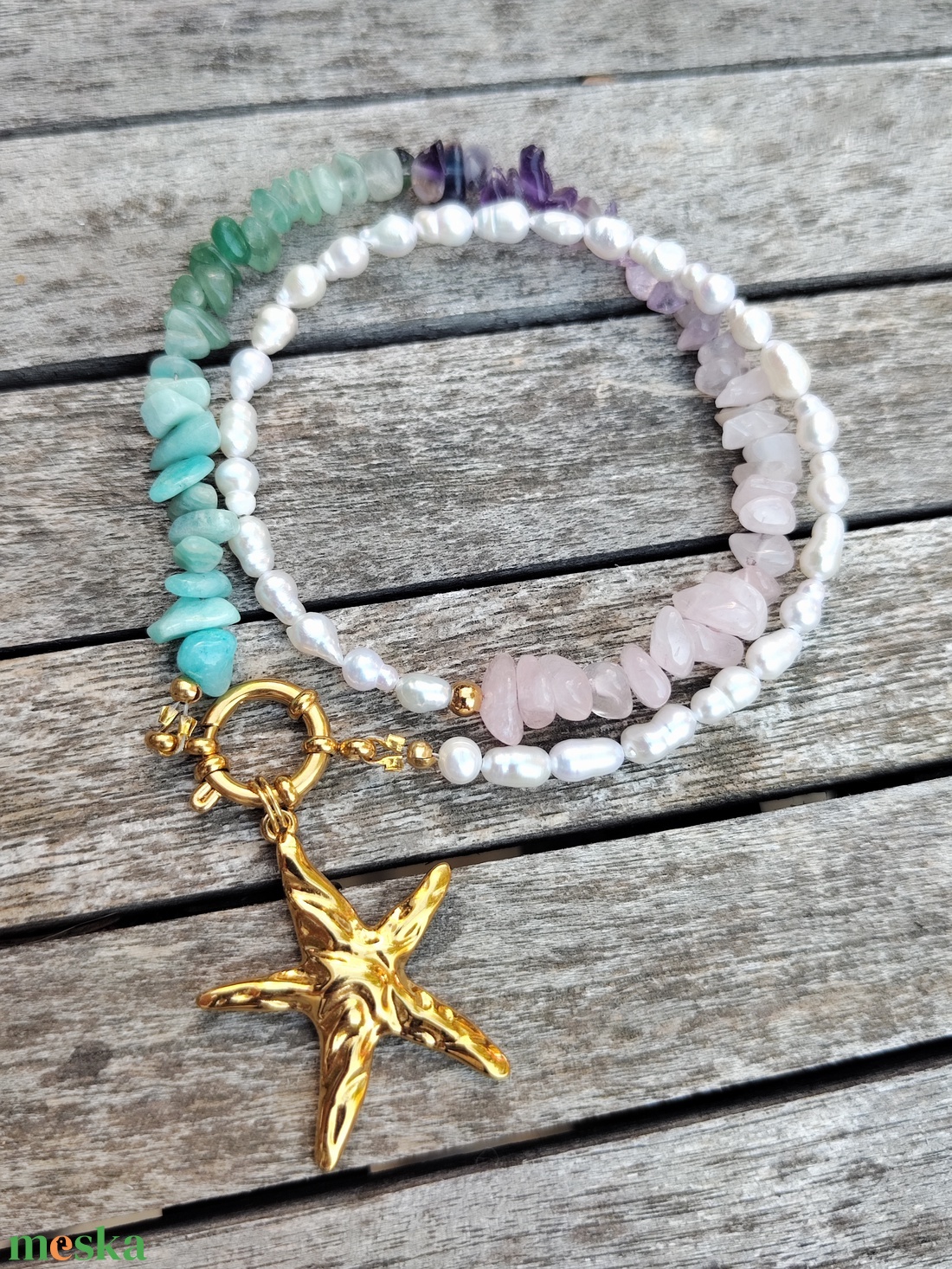 Ásványgyöngy nyaklánc tenyésztett gyönggyel - ékszer - nyaklánc - gyöngyös nyaklánc - Meska.hu