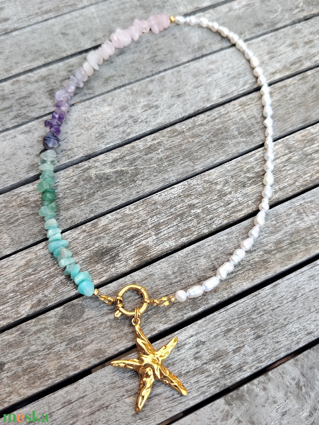 Ásványgyöngy nyaklánc tenyésztett gyönggyel - ékszer - nyaklánc - gyöngyös nyaklánc - Meska.hu