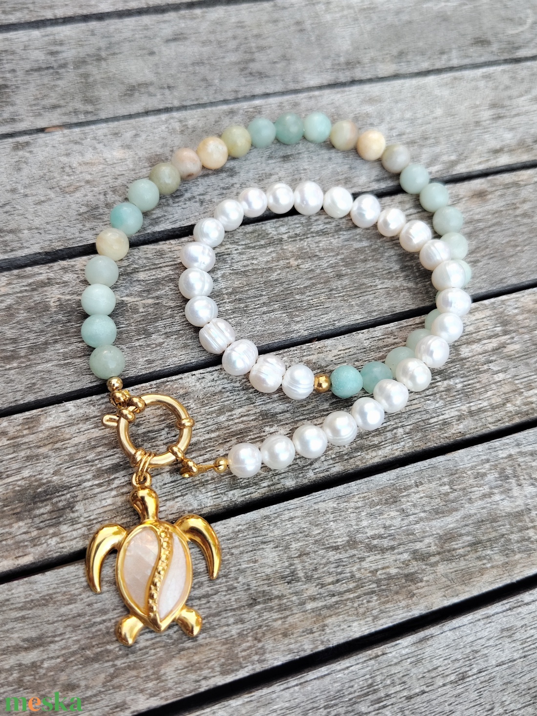 Ásványgyöngy nyaklánc tenyésztett gyönggyel - ékszer - nyaklánc - gyöngyös nyaklánc - Meska.hu