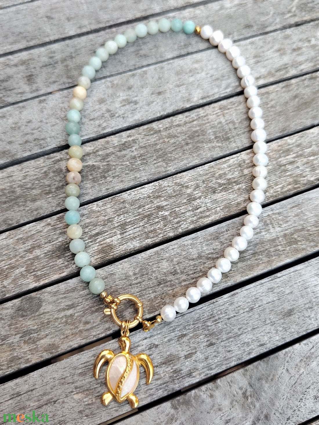 Ásványgyöngy nyaklánc tenyésztett gyönggyel - ékszer - nyaklánc - gyöngyös nyaklánc - Meska.hu
