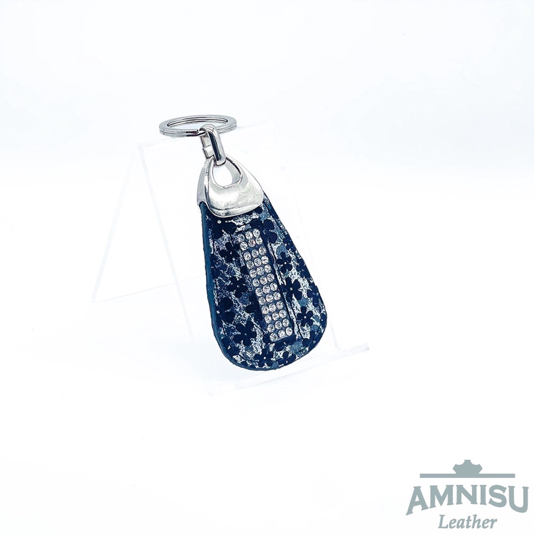 Ezüst - fekete virág mintás csepp alakú swarovski köves bőr kulcstartó H8029 - táska & tok - kulcstartó & táskadísz - kulcstartó - Meska.hu