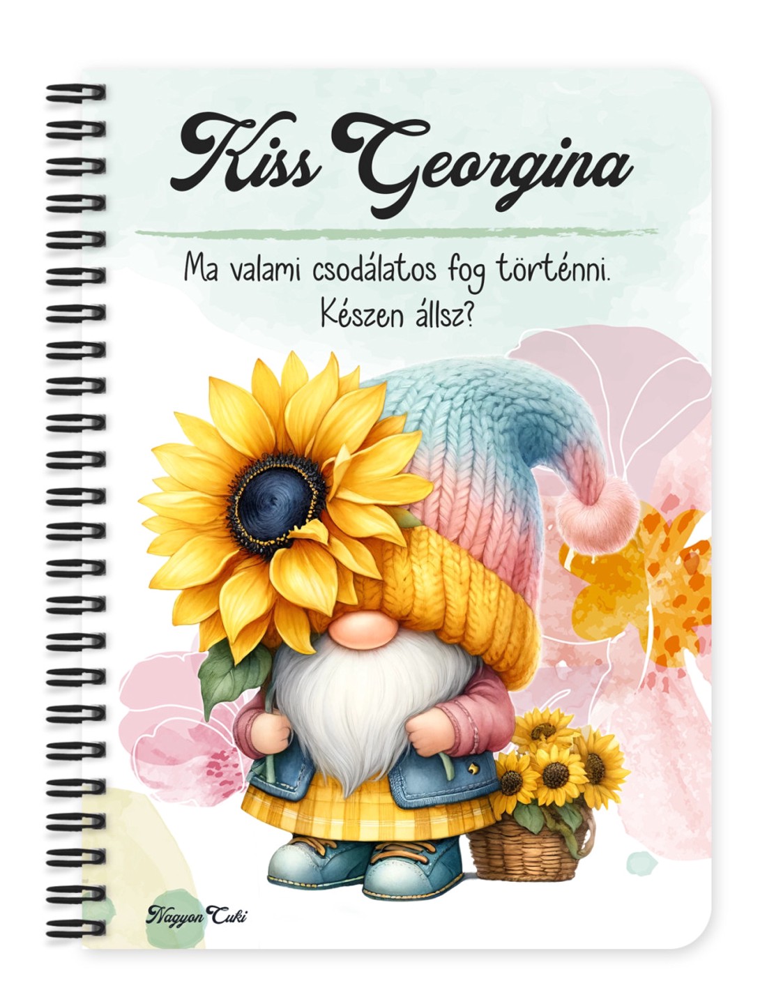 Személyre szabható - Cuki napraforgós manó egy szál virággal mintás A6-os füzet - otthon & életmód - papír, írószer - jegyzetfüzet & napló - Meska.hu