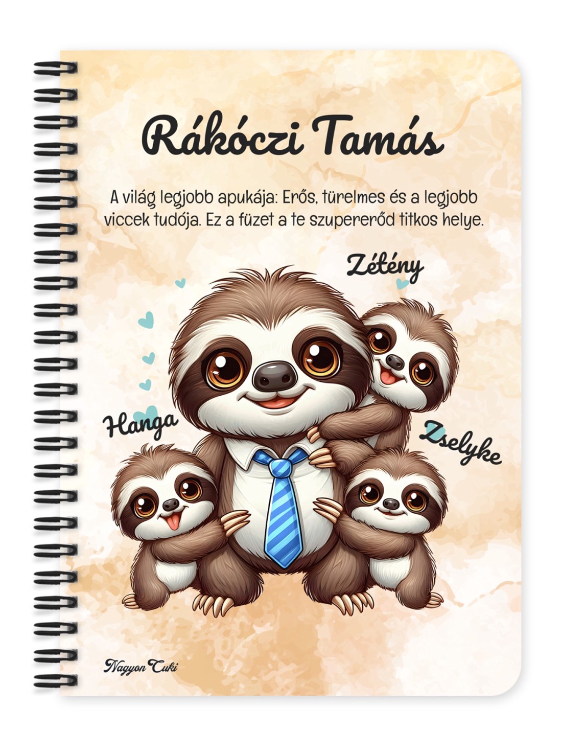 Személyre szabható - Nyakkendős Cuki lajhár Apa és három gyerek mintás A5-ös füzet - otthon & életmód - papír, írószer - jegyzetfüzet & napló - Meska.hu