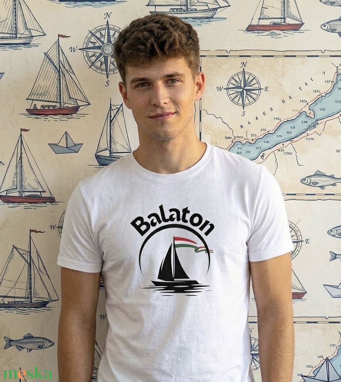 Vitorlás magyar lobogóval, Balaton feliratos pamut póló, gyerek méret is - ruha & divat - férfi ruha - póló - Meska.hu