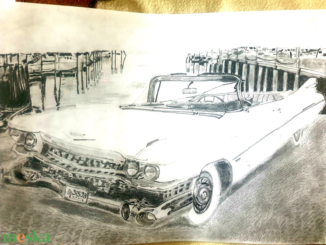 1959 Cadillac Series 62 Cabrio valósághű grafitceruza rajz - művészet - grafika & illusztráció - ceruzarajz - Meska.hu