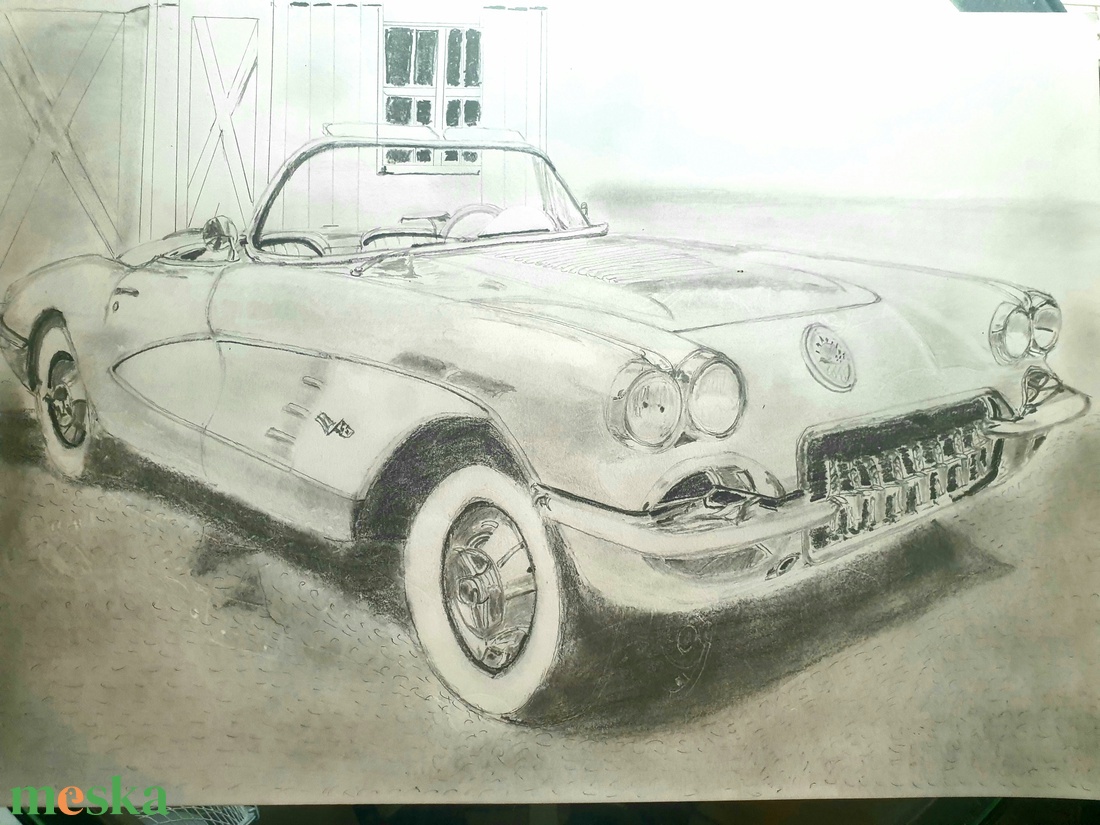 1958'Corvette C1 valósághű grafitceruza rajz  - művészet - grafika & illusztráció - ceruzarajz - Meska.hu