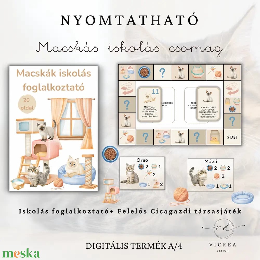 Macskás iskolás fejlesztő csomag � oktató társasjáték + kódfejtős foglalkoztató PDF (8�10 év) - játék & sport - készségfejlesztő és logikai játék - oktató játékok - Meska.hu